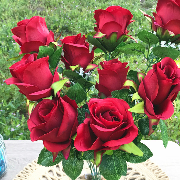 Red Open Rose Silk Flower Arrangement in Clear Glass Vase with Faux Water Red Open Rose Silk Flower Arrangement in Clear Glass Vase with Faux Water