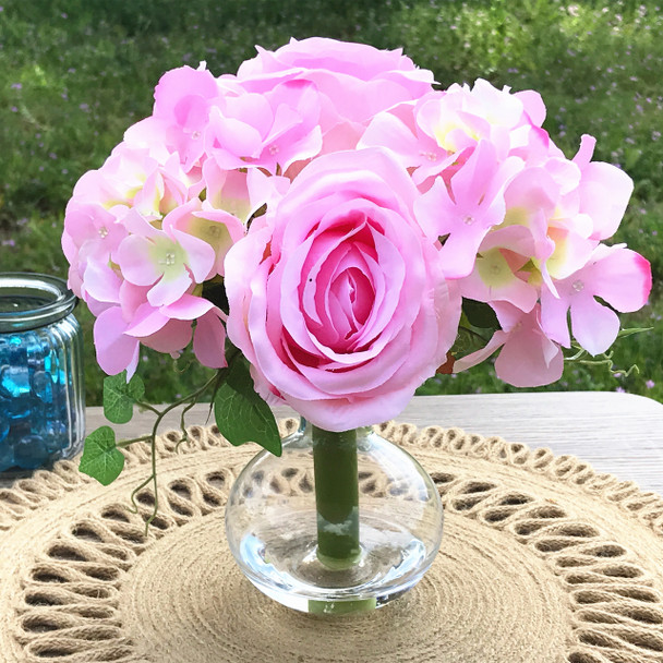 Pink Open Rose and Hydrangea Silk Flower Arrangement in Clear Glass Vase with Faux Water