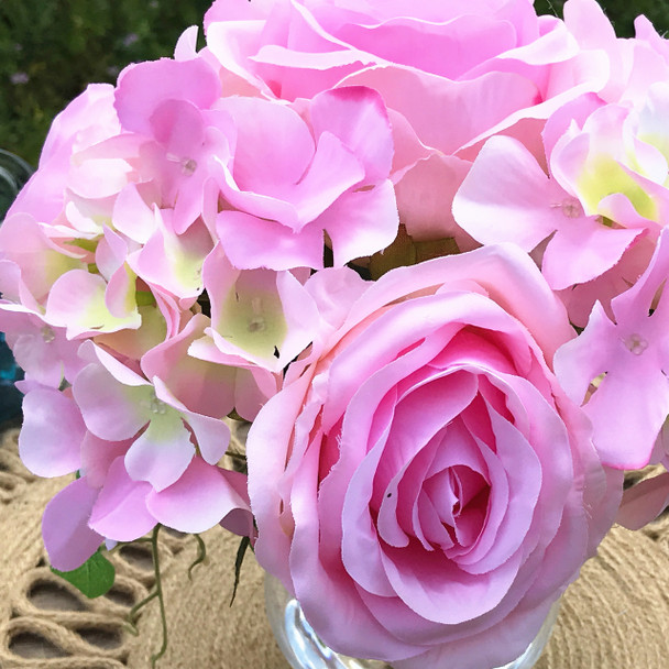 Pink Open Rose and Hydrangea Silk Flower Arrangement in Clear Glass Vase with Faux Water