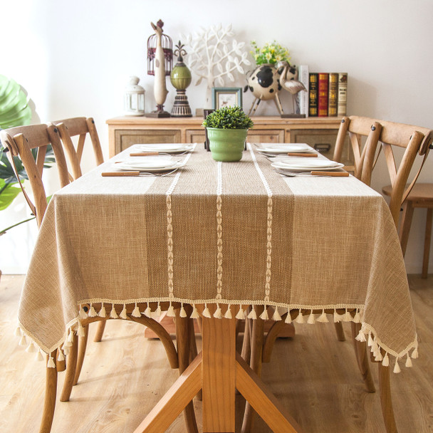 54"x 80"  khaki High Quality Rectangle Cotton and Linen Tablecloth with Tassels
