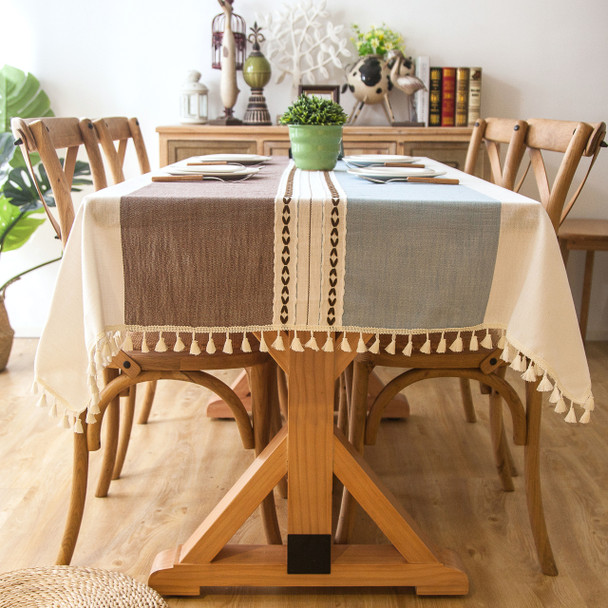 54"x 80" khaki and Light Blue High Quality Rectangle Cotton and Linen Tablecloth with Tassels 54"x 80" khaki and Light Blue High Quality Rectangle Cotton and Linen Tablecloth with Tassels