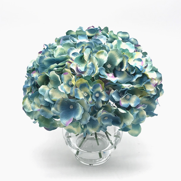 Azure Silk Hydrangea Flower Arrangement in Round Clear Glass Vase with Faux Water Azure Silk Hydrangea Flower Arrangement in Round Clear Glass Vase with Faux Water
