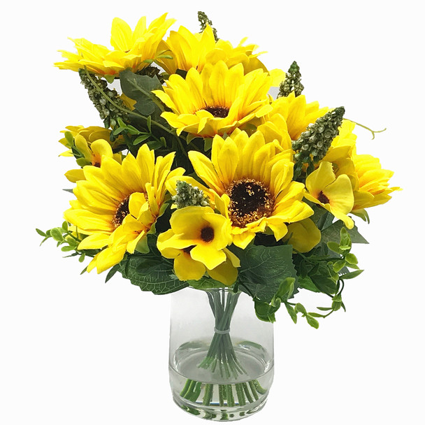 Mixed Sunflower Silk Flower Arrangement in Clear Glass Vase with Faux Water Mixed Sunflower Silk Flower Arrangement in Clear Glass Vase with Faux Water