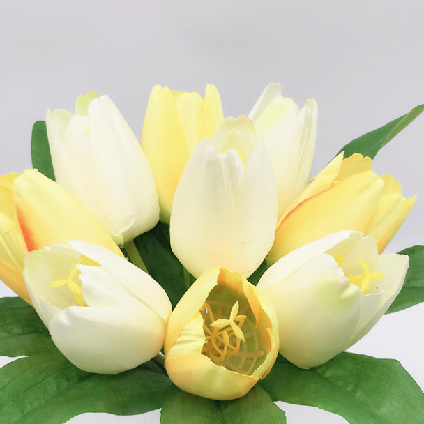 Yellow and Cream Silk Tulips Centerpiece  in Clear Glass Vase with Faux Water