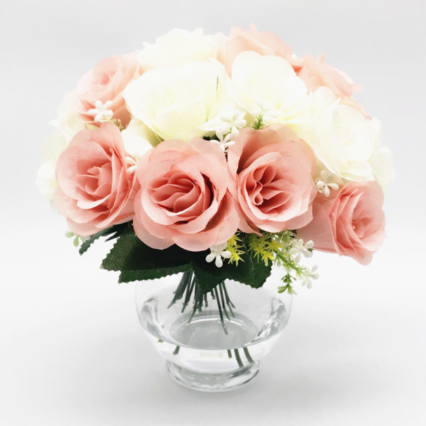 Mixed Pink Silk Rose Flower Arrangement  in Clear Glass Vase with Faux Water