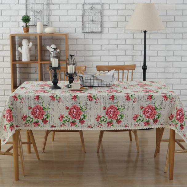 54"x 80 " Rose Print Rectangle 100% Cotton and Linen Tablecloth Decorative Table Top Cover