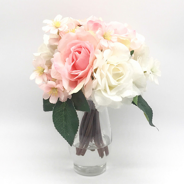 Pink and Cream Silk Rose and Mixed Flower Arrangements in Clear Glass Vase with Faux Water