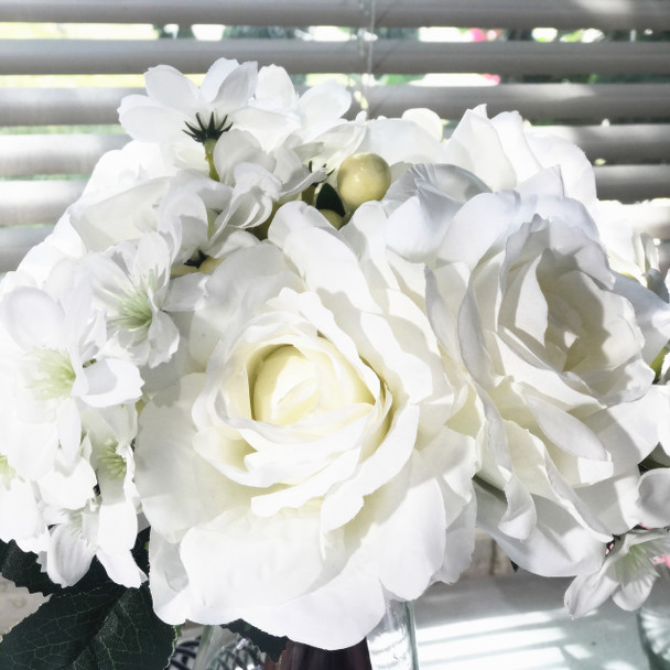 Cream Silk Rose and Mixed Flower Arrangements in Clear Glass Vase with Faux Water Cream Silk Rose and Mixed Flower Arrangements in Clear Glass Vase with Faux Water