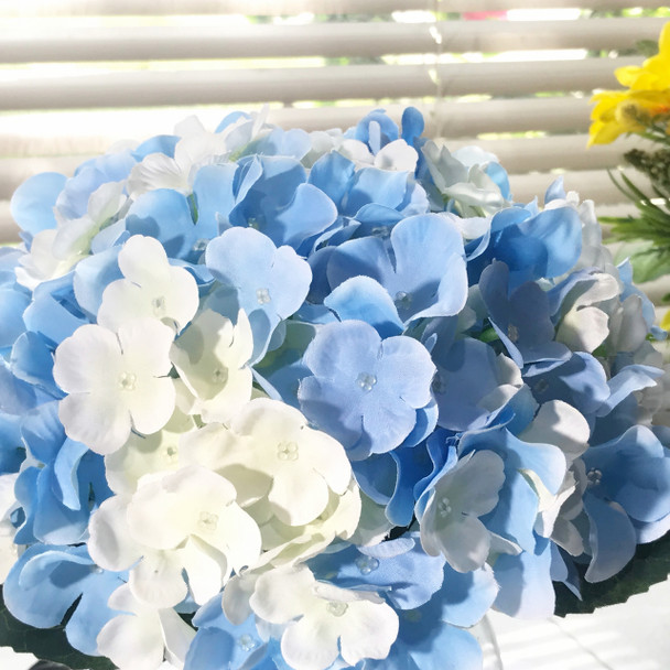10 Stem Blue and Cream Silk Hydrangea Flower in Round Clear Glass Vase with Faux Water 10 Stem Blue and Cream Silk Hydrangea Flower in Round Clear Glass Vase with Faux Water
