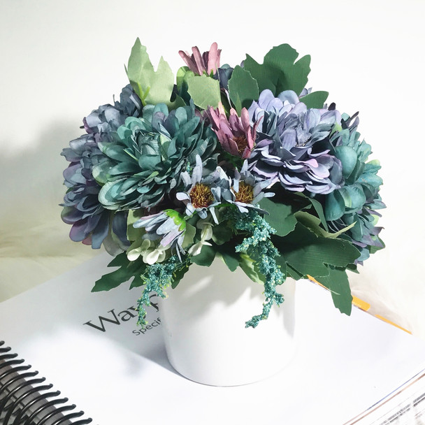 Blue Silk Daisy and Mixed Flower Arrangements in White Ceramic Vase