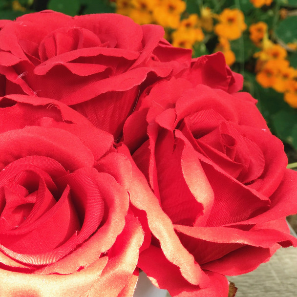 Red Silk Rose Flower Arrangement in White Pot
