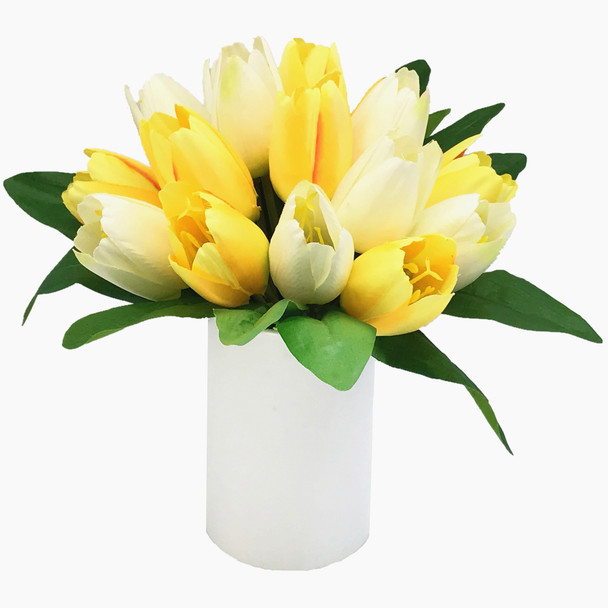 18 Heads Yellow Cream Silk Tulips Centerpiece  in White Ceramic  Vase