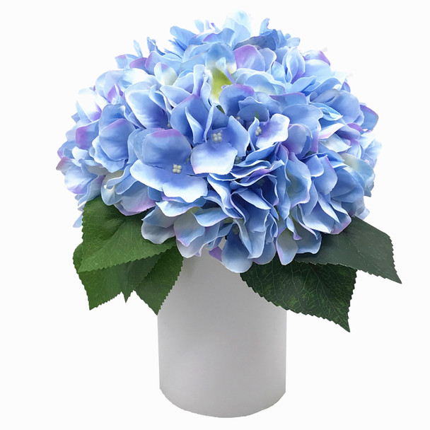 Blue Silk Hydrangea Flower Arrangement in White Ceramic Vase
