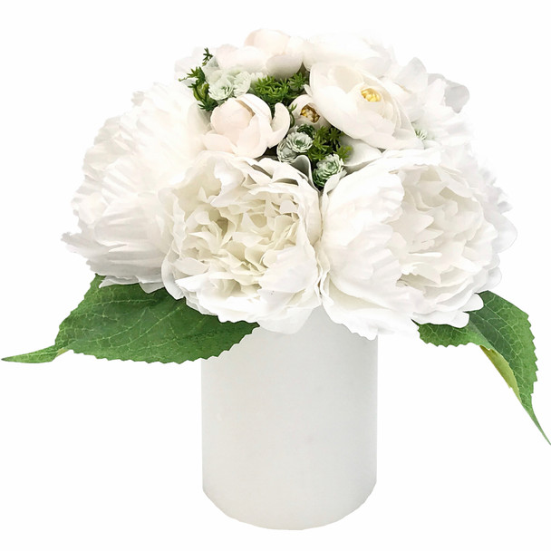 White Silk Peony Flower Arrangement in White Ceramic Vase White Silk Peony Flower Arrangement in White Ceramic Vase