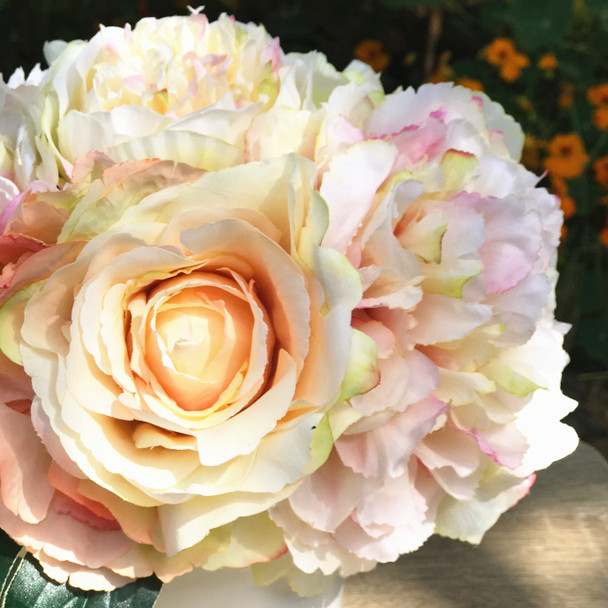 Champagne Silk Peony and Rose Mixed Flower Arrangement in White Ceramic Vase Champagne Silk Peony and Rose Mixed Flower Arrangement in White Ceramic Vase