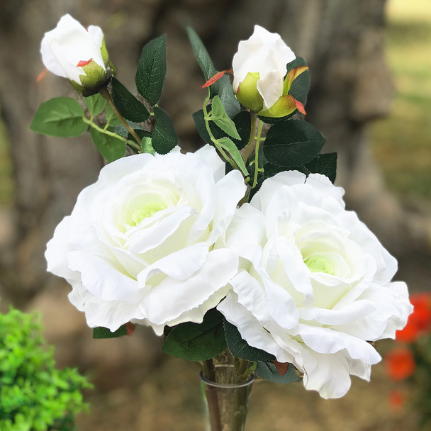  2 Large Stems White Silk Open Rose Flower  in Clear Glass Vase