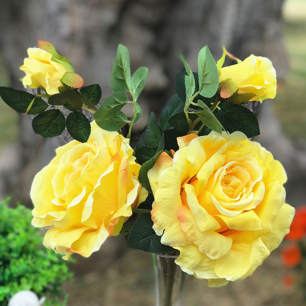 2 Large Stems Yellow Silk Open Rose Flower  in Clear Glass Vase