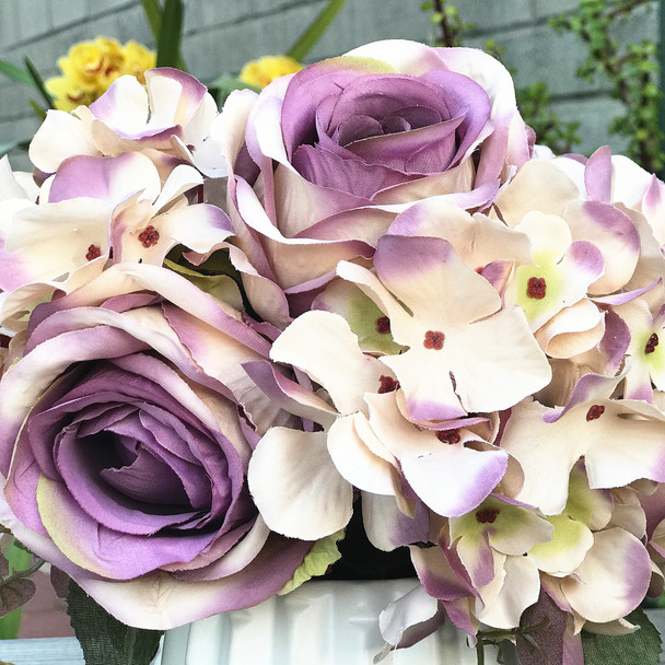 Purple Artificial Open Rose and Hydrangea Flower Arrangement With White Ceramic Vase Purple Artificial Open Rose and Hydrangea Flower Arrangement With White Ceramic Vase