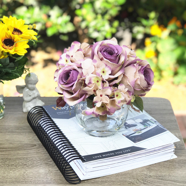 Purple Hydrangea and Rose Mixed Silk Flower in Clear Glass Vase