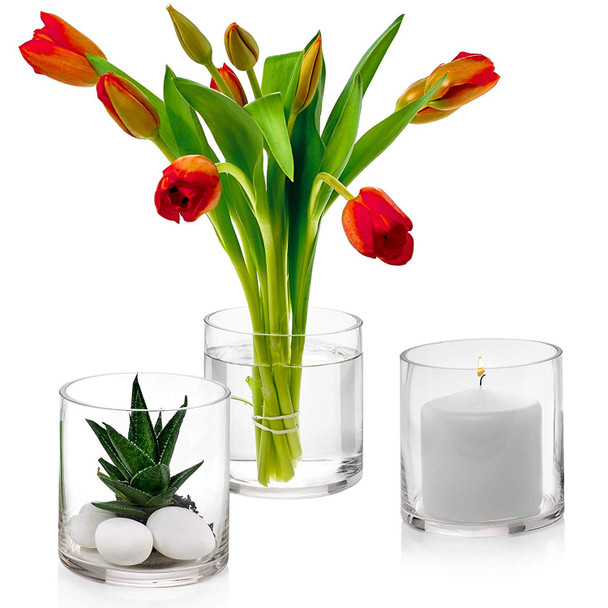 Cylinder Shape Clear Flower Glass Vase 4.0" W x 4.0" H Cylinder Shape Clear Flower Glass Vase 4.0" W x 4.0" H