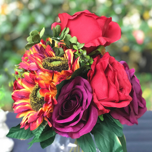 Red Sunflower and Rose Mixed Silk Flower Arrangement  in Clear Glass Vase with Acrylic Water