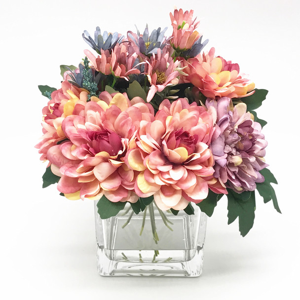 Pink and Purple Silk Daisy and Mixed Flower Arrangements in Clear Glass Vase with Acrylic Water