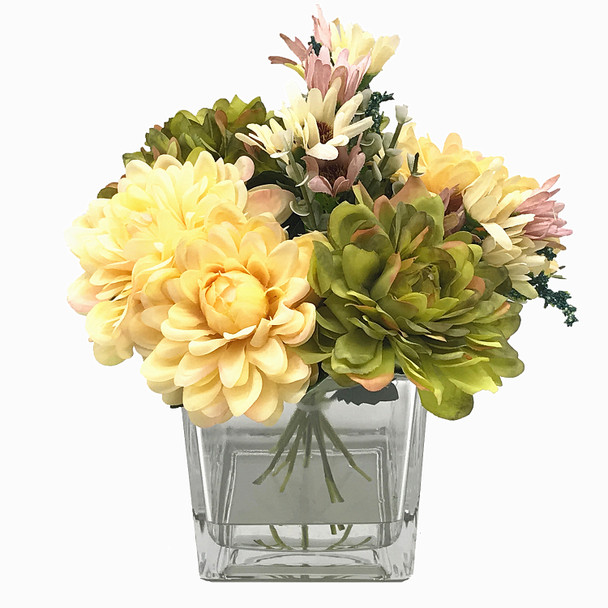 Yellow and Green Silk Daisy and Mixed Flower Arrangements in Clear Glass Vase with Acrylic Water