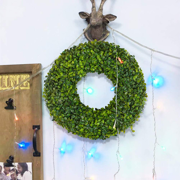 17" Natural Garlands Front Door  Artificial Boxwood Green Leaves Hanging Wreath for Indoor Outdoor  Decoration