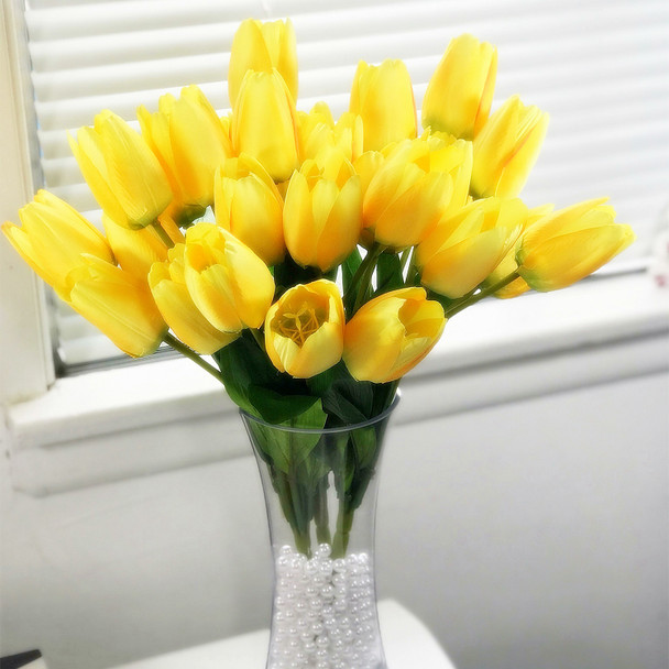 3 Pack Yellow Silk Tulips Arrangement  in Clear Glass Vase with Plastic Pearl For Home Wedding Centerpiece Decoration