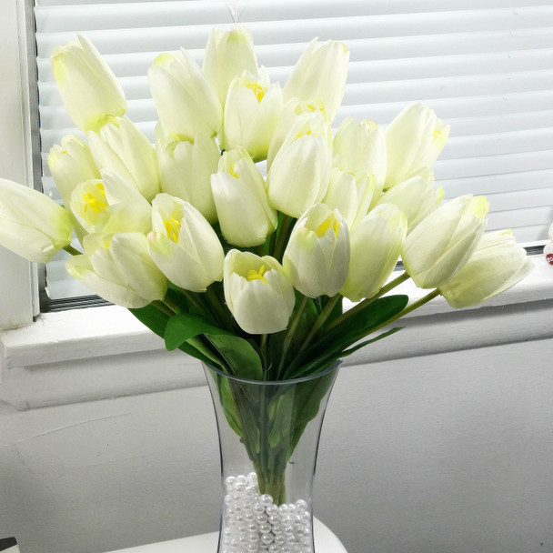 3 Pack Cream Silk Tulips Arrangement in Clear Glass Vase with Plastic Pearl For Home Wedding Centerpiece Decoration 3 Pack Cream Silk Tulips Arrangement in Clear Glass Vase with Plastic Pearl For Home Wedding Centerpiece Decoration