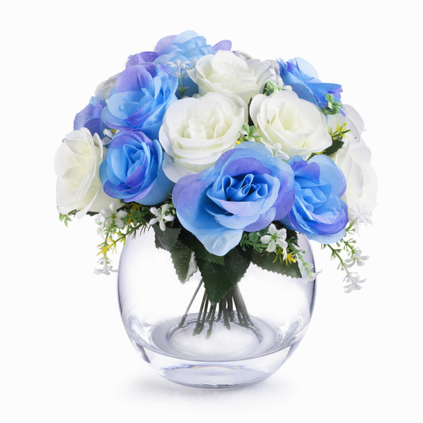 Blue and Cream Mixed Silk Open Rose Flower Arrangement  in Clear Glass Vase with Faux Water