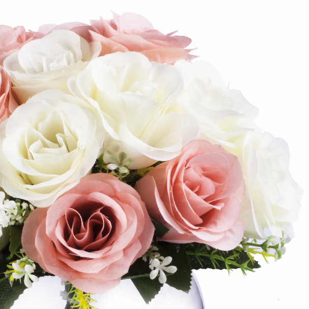 Pink and Cream Mixed Silk Open Rose Flower Arrangement  in Clear Glass Vase with Faux Water