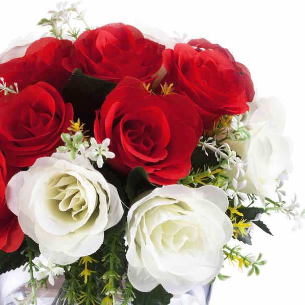 Red and Cream Mixed Silk Open Rose Flower Arrangement  in Clear Glass Vase with Faux Water