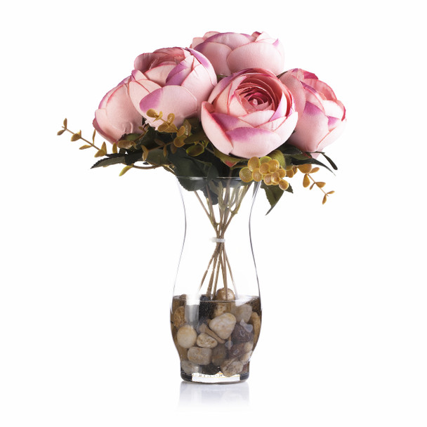 Mediumvioletred 7 Heads Silk Peony  Flower Arrangement  in Clear Glass Vase with Faux Water 