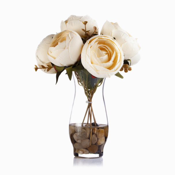 Beige 7 Heads Silk Peony  Flower Arrangement  in Clear Glass Vase with Faux Water 
