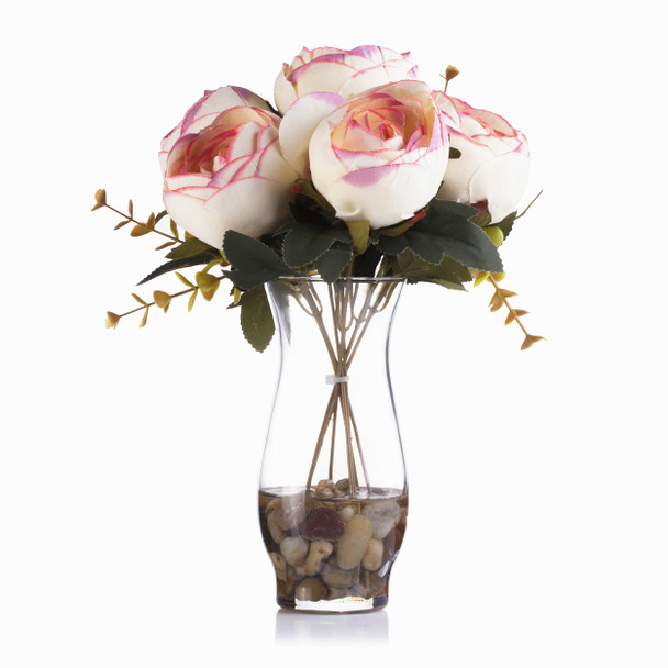 Mediumvioletred and Cream Mixed 7 Heads Silk Peony  Flower Arrangement  in Clear Glass Vase with Faux Water 
