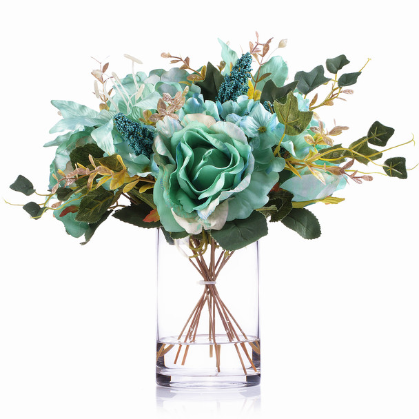Aqua Mixed Rose Lily and Hydrangea Silk Flower Arrangement  in Clear Glass Vase with Faux Water 