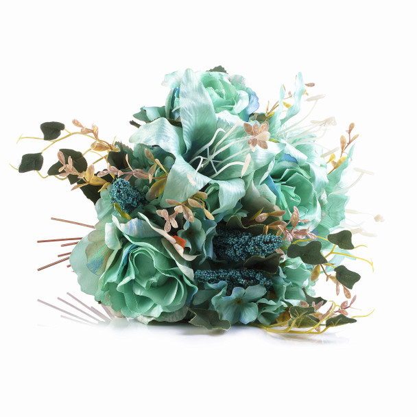 Aqua Mixed Rose Lily and Hydrangea Silk Flower Arrangement  in Clear Glass Vase with Faux Water 
