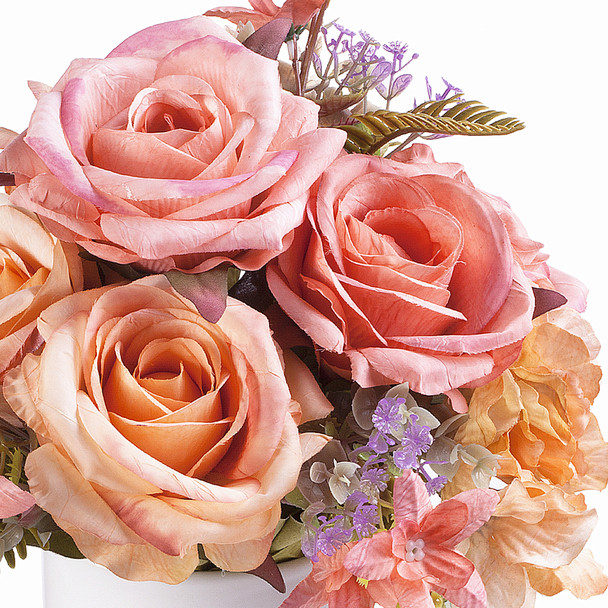 Pink Orange Rose and Hydrangea Silk Flower Arrangement  in Ceramic  Vase with Faux Water 
