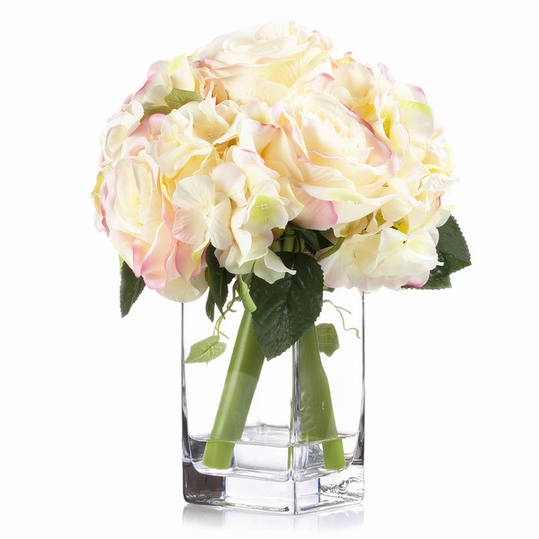 Blush Mixed Rose and Hydrangea Silk Flower Arrangement in Clear Glass Vase with Faux Water Blush Mixed Rose and Hydrangea Silk Flower Arrangement in Clear Glass Vase with Faux Water