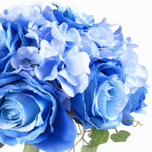 Blue Mixed Rose and Hydrangea Silk Flower Arrangement  in Clear Glass Vase with Faux Water 