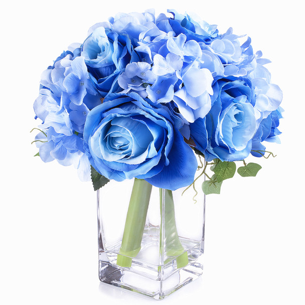Blue Mixed Rose and Hydrangea Silk Flower Arrangement  in Clear Glass Vase with Faux Water 