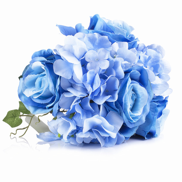 Blue Mixed Rose and Hydrangea Silk Flower Arrangement  in Clear Glass Vase with Faux Water 