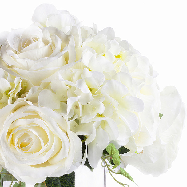 Cream Mixed Rose and Hydrangea Silk Flower Arrangement  in Glass Vase with Faux Water 