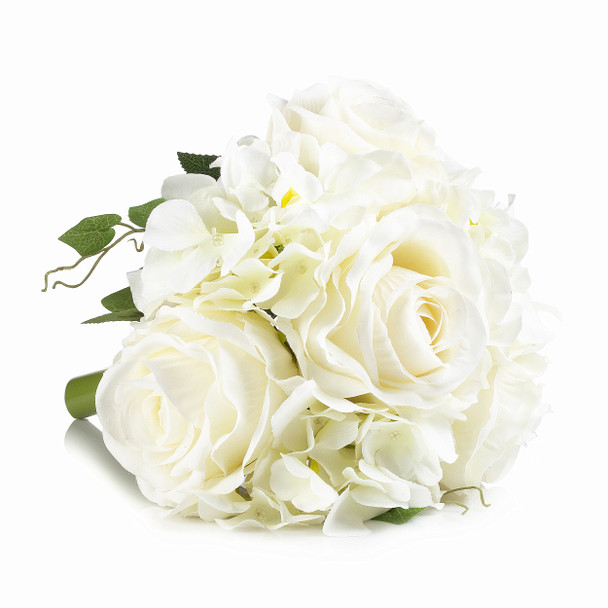 Cream Mixed Rose and Hydrangea Silk Flower Arrangement  in Glass Vase with Faux Water 