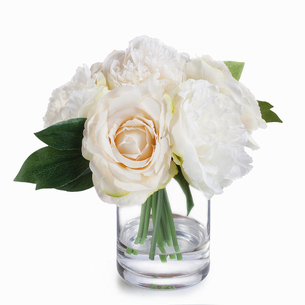 Cream Hydrangea Rose and Peony Mixed Silk Flower in Clear Glass Vase with Acrylic Water Cream Hydrangea Rose and Peony Mixed Silk Flower in Clear Glass Vase with Acrylic Water