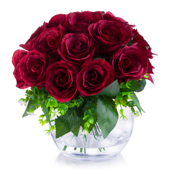 18 Heads Burgundy Silk Rose  Flower Arrangement in Clear Glass Vase with Faux Water
