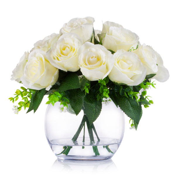 18 Heads Cream Silk Rose Flower Arrangement in Clear Glass Vase with Faux Water 18 Heads Cream Silk Rose Flower Arrangement in Clear Glass Vase with Faux Water