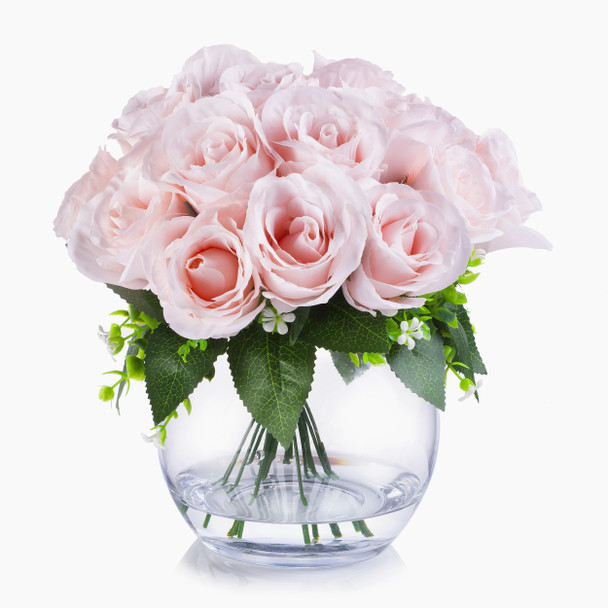 18 Heads Blush Silk Rose  Flower Arrangement in Clear Glass Vase with Faux Water