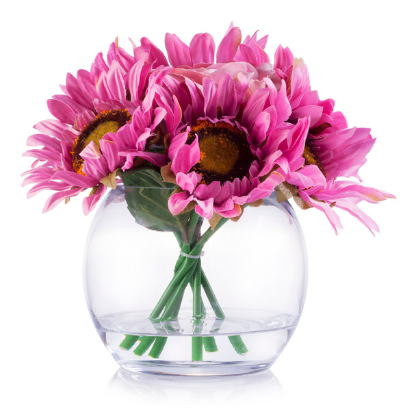Pink Mixed Sunflower and Rose Silk Flower Arrangement in Clear Glass Vase With Faux Water Pink Mixed Sunflower and Rose Silk Flower Arrangement in Clear Glass Vase With Faux Water